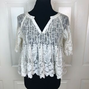 ANTHROPOLOGIE Meadow Rue Beige Croquet Lace V-neck Top Size S